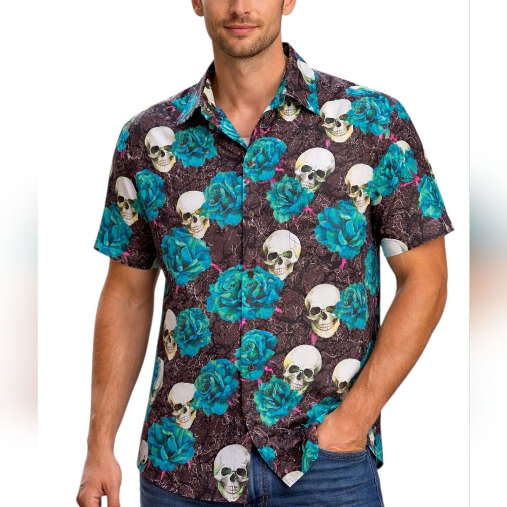 Men's Black Short-Sleeve Button-Down Shirt with Teal Floral & Skull Print